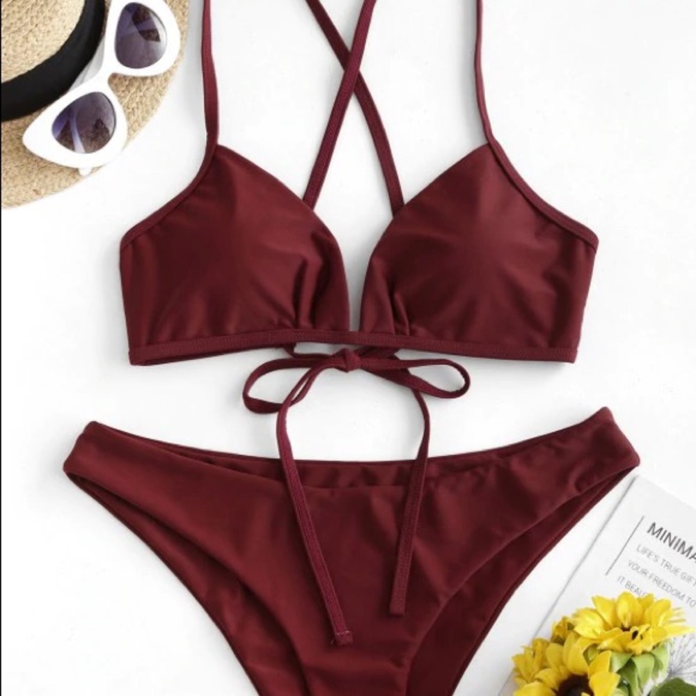 Zaful crisscross tie bikini swimsuit - firebrick